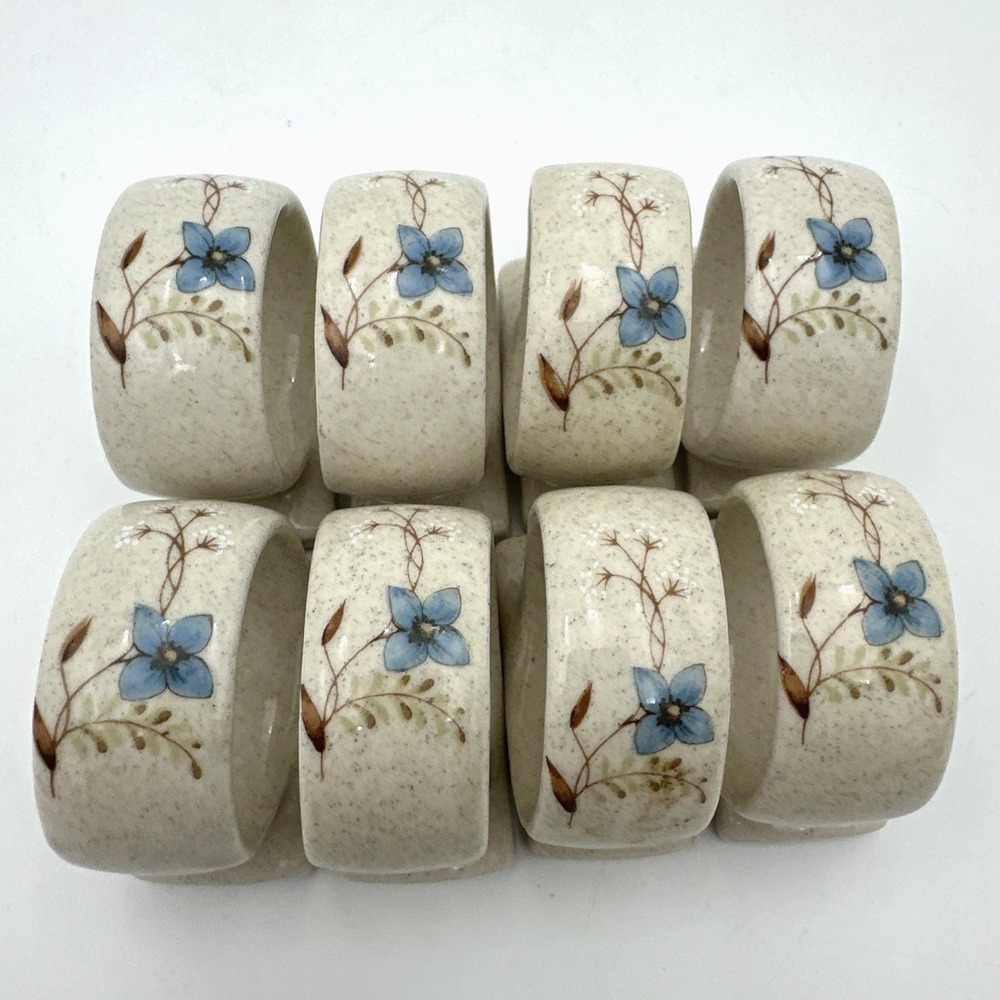 Mikasa Napkin Rings Cream Blue Floral Stoneware Japan Set of 8 Vintage